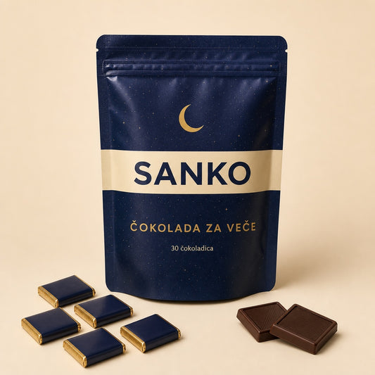 SANKO čokolada sa melatoninom — pakovanje i pojedinačno upakovane čokoladice