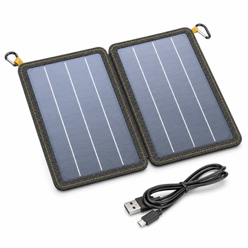 Sklopivi solarni punjač SUNCOKRET — rasklopljen panel sa USB kablom