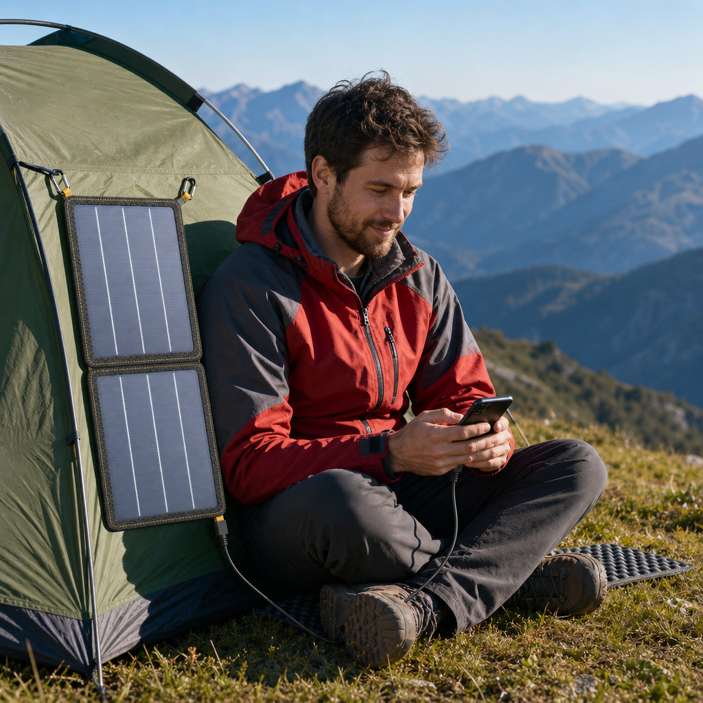 Solarni panel okačen na šator puni telefon u planini