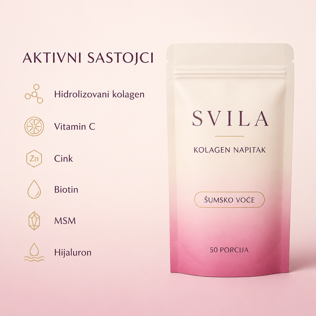 Aktivni sastojci: hidrolizovani kolagen, vitamin C, cink, biotin, MSM, hijaluron