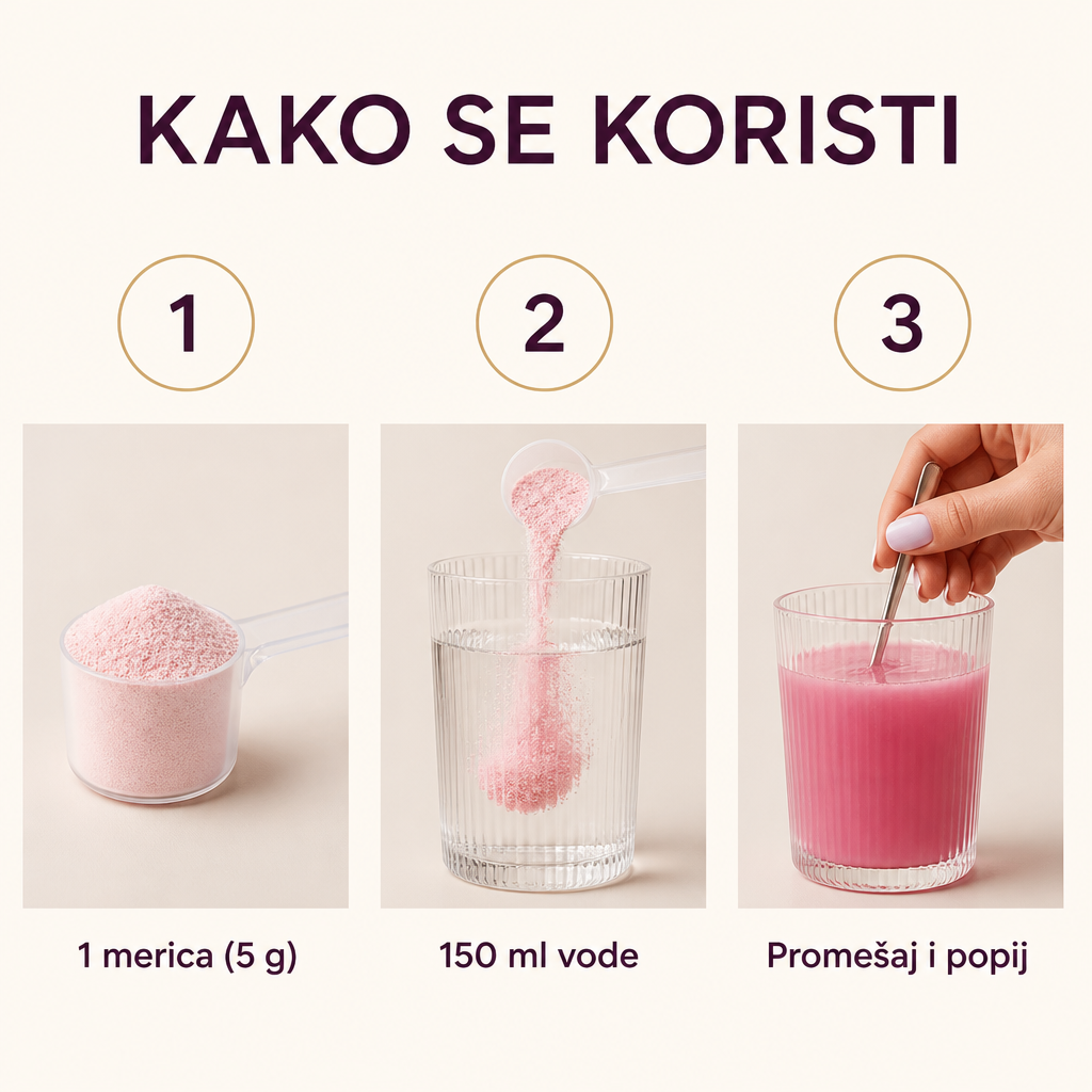 Kako se koristi: 1 merica od 5 g, 150 ml vode, promešaj i popij
