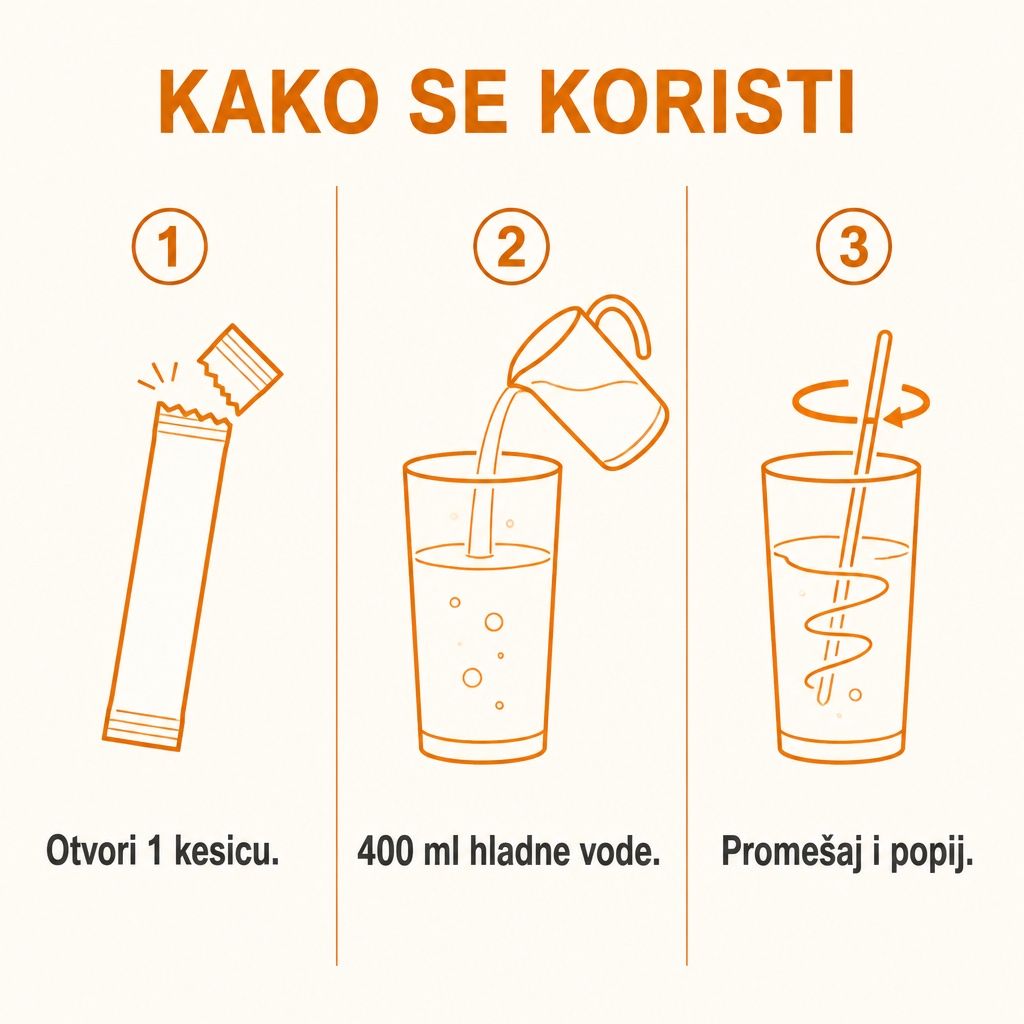 Kako se koristi: otvori kesicu, 400 ml hladne vode, promešaj i popij