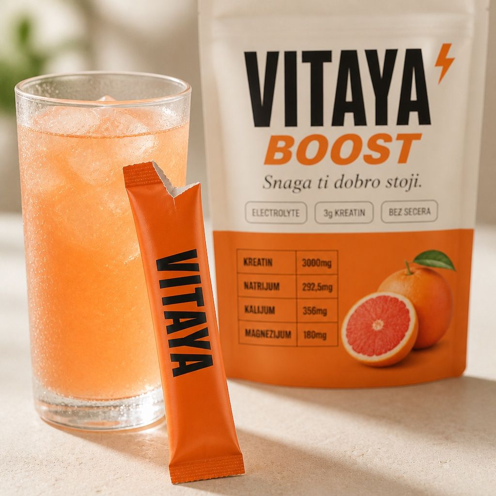 VITAYA BOOST kesica i čaša napitka sa ukusom grejpfruta